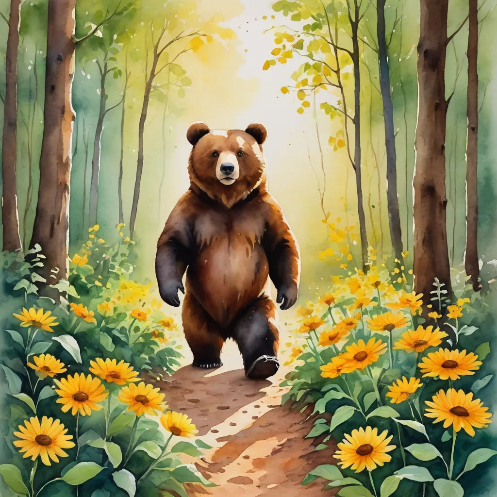 a painting of a bear walking through a forest with sunflowers on the ground and trees in the background, furry art, a storybook illustration, Chris LaBrooy, professional digital painting