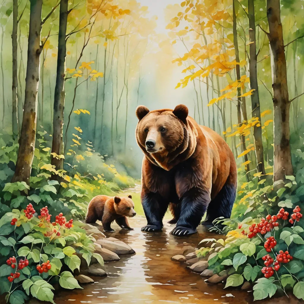 a painting of a bear and her cub in a forest with flowers and rocks on the ground and a stream running through the woods, environmental art, a storybook illustration, Chris LaBrooy, highly detailed oil painting