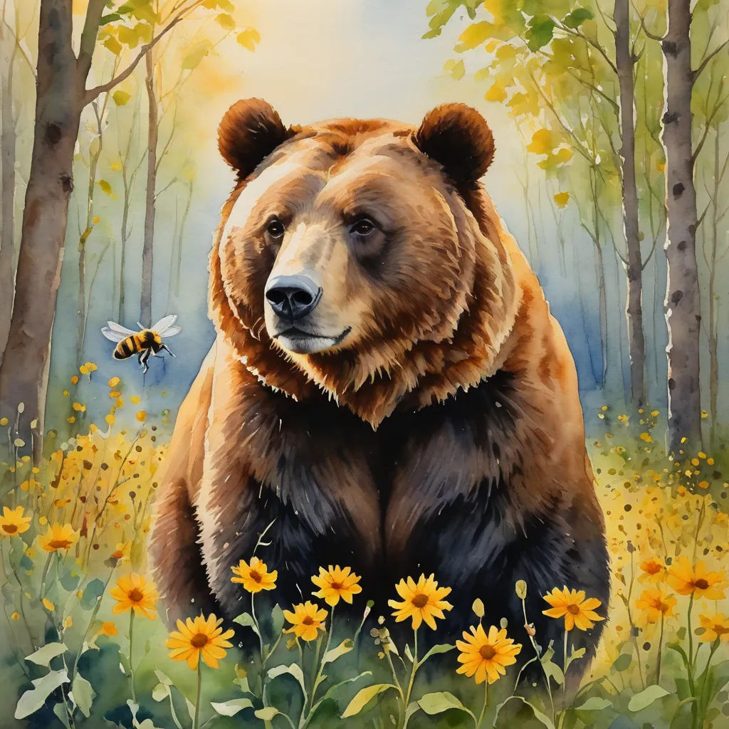 a painting of a bear in a forest with a bee flying by it's side in the foreground, furry art, an airbrush painting, Chris LaBrooy, in gouache detailed paintings
