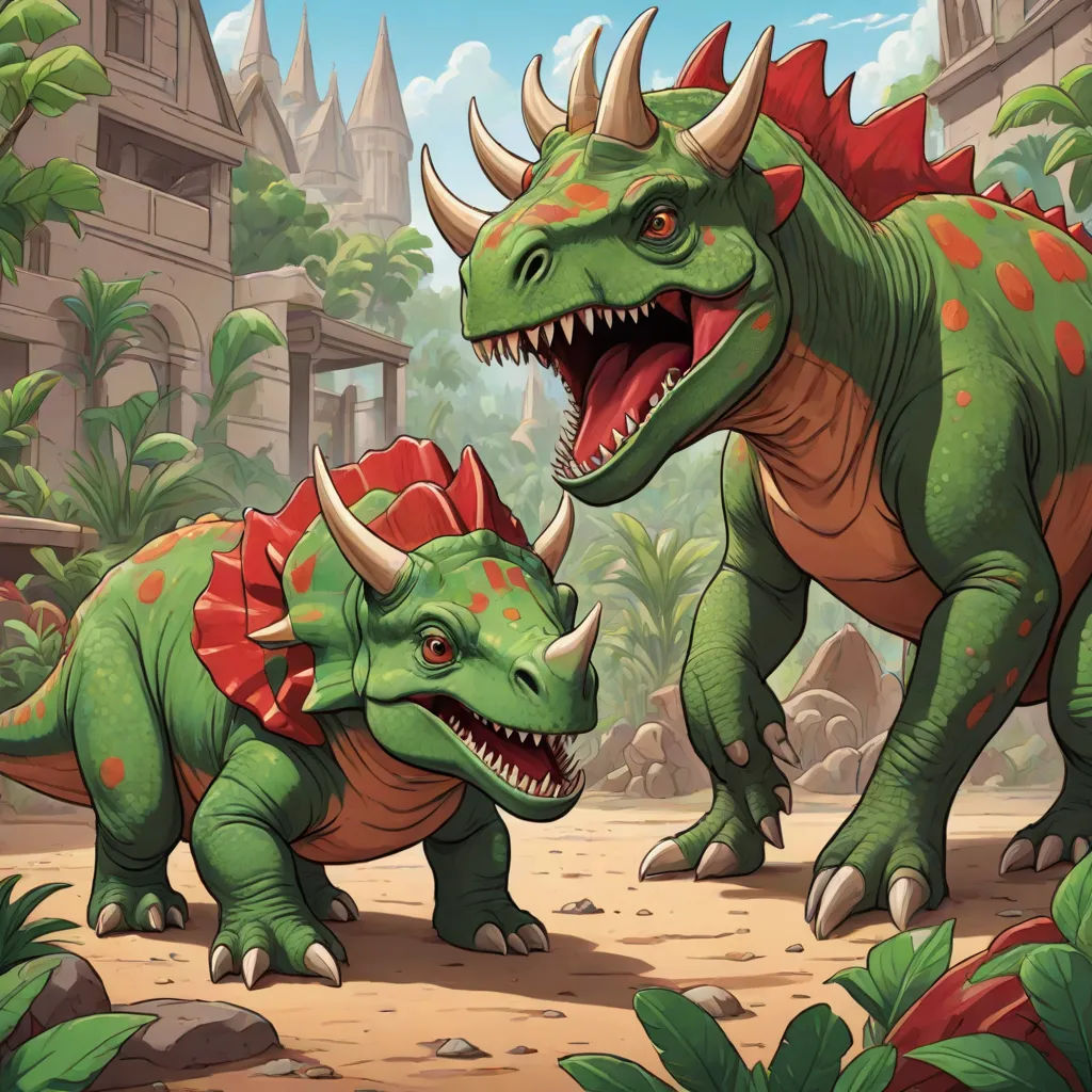 two dinosaurs are in a jungle setting with trees and buildings in the background, one is biting the other, altermodern, concept art, Adam Rex, magic the gathering artwork