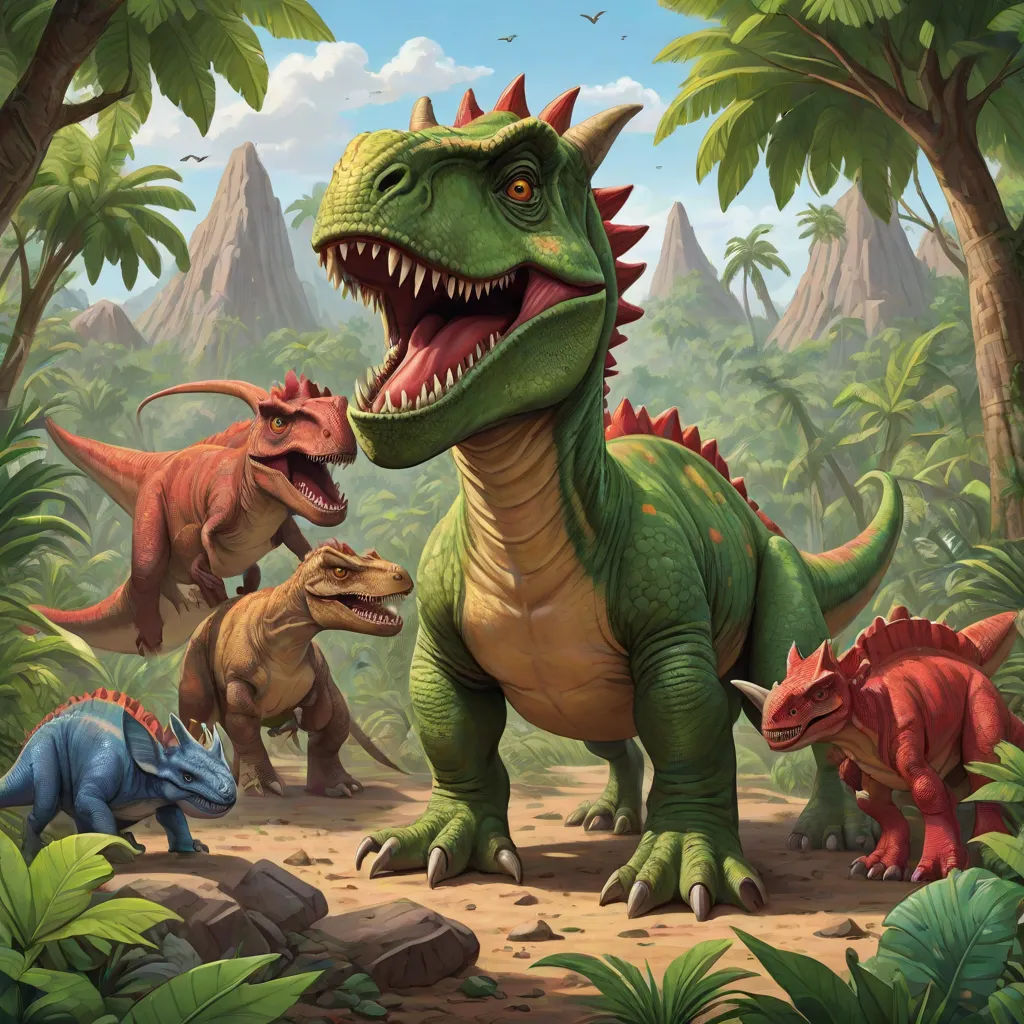 a group of dinosaurs in a jungle with trees and rocks in the background, with a mountain in the background, altermodern, concept art, Adam Rex, magic the gathering artwork