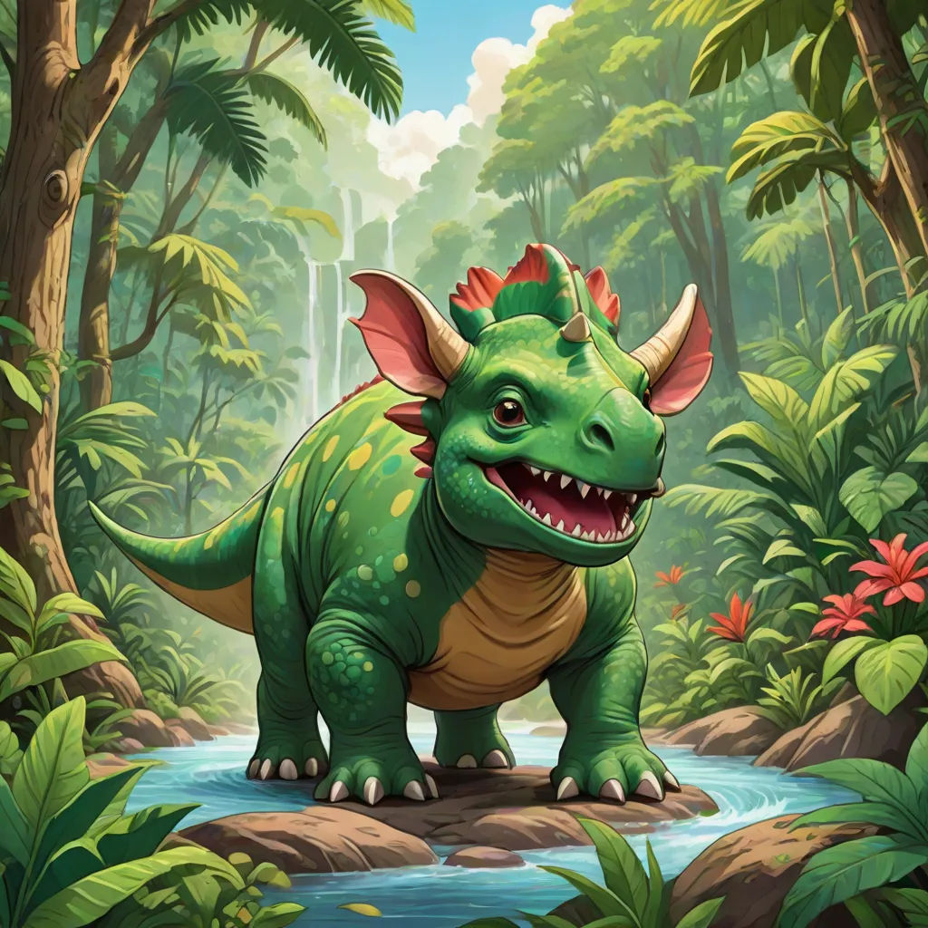 a cartoon dinosaur in the jungle with a stream of water and trees in the background, with a smiling face, fantasy art, concept art, Adam Rex, magic the gathering artwork