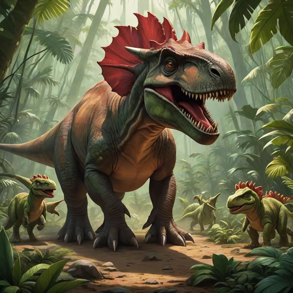 a group of dinosaurs walking through a jungle filled with trees and plants, with a red head and tail, altermodern, concept art, Adam Rex, magic the gathering artwork