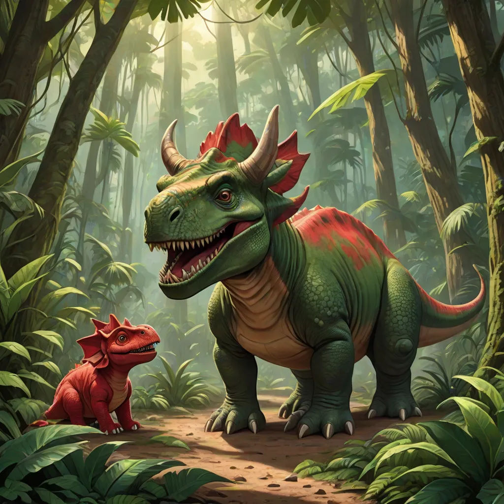 a dinosaur and a red dinosaur in a forest with trees and plants on the ground and a sun shining through the trees, altermodern, concept art, Adam Rex, magic the gathering artwork