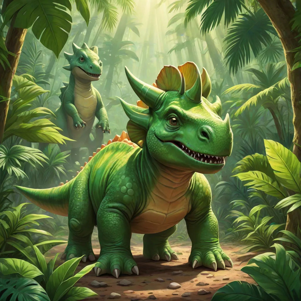 a green dinosaur and a green dinosaur in a jungle scene with trees and plants and sunlight shining through the leaves, sots art, concept art, Adam Rex, magic the gathering artwork