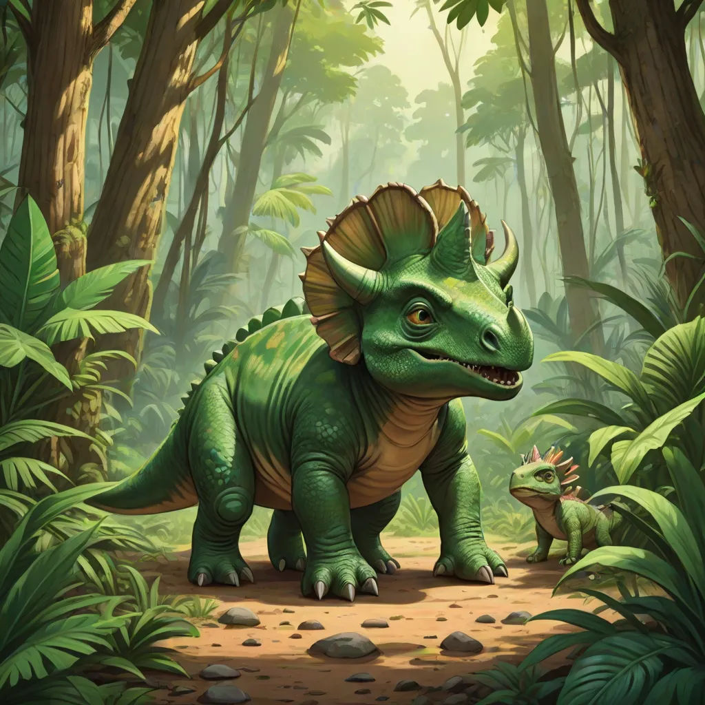 a dinosaur and a baby dinosaur in a jungle scene with trees and rocks and rocks on the ground and rocks on the ground, fantasy art, a storybook illustration, Adam Rex, magic the gathering artwork