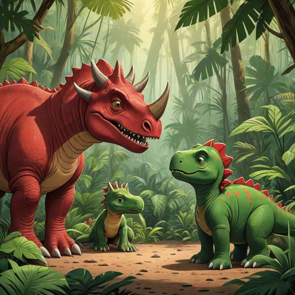 a painting of a dinosaur and a t - rex in a jungle setting with trees and plants in the background, primitivism, a storybook illustration, Adam Rex, official art