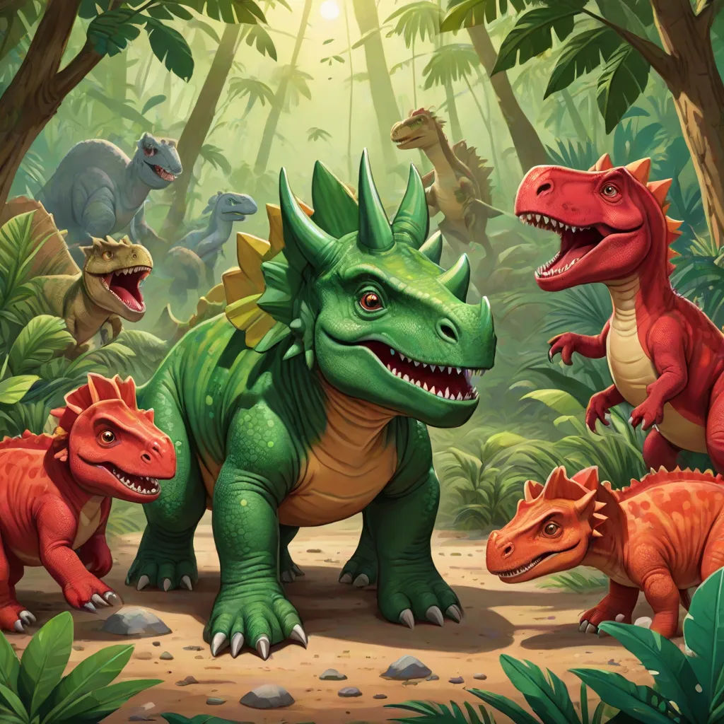 a group of dinosaurs in a jungle with trees and plants in the background and sunlight shining through the trees, altermodern, concept art, Adam Rex, official art