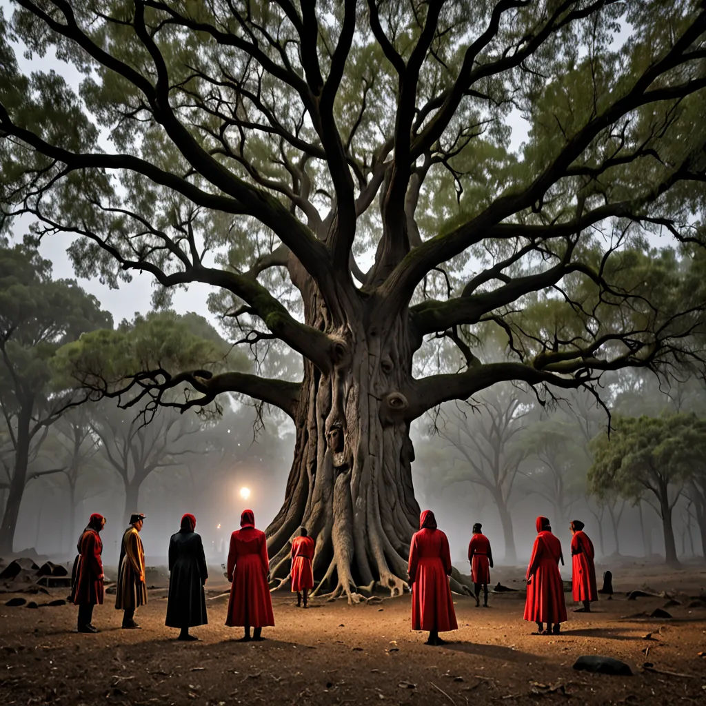 a group of people standing around a large tree in a forest with fog in the background and a light shining on the tree, Dirk Crabeth, magical realism, a photo, cinematic photography