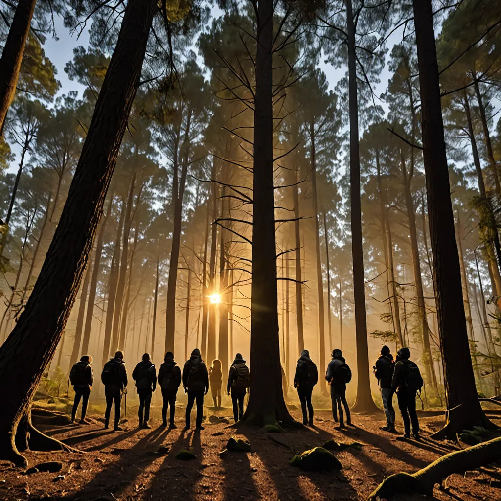 a group of people walking through a forest at sunset or dawn with the sun shining through the trees and the sun shining through the trees, Filip Hodas, art photography, an album cover, promotional image