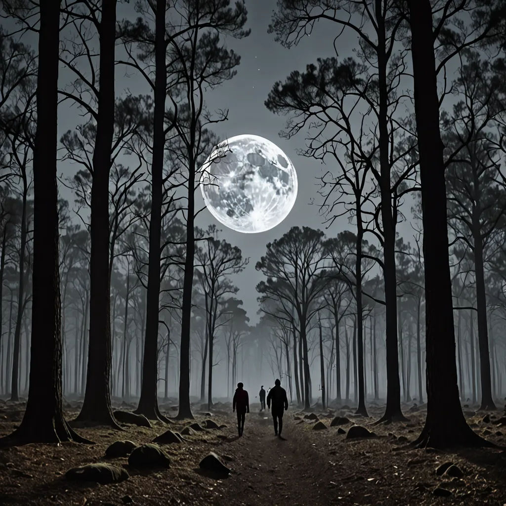 two people walking down a path in the woods under a full moon sky with trees and rocks on the ground, Caspar Wolf, art photography, a detailed matte painting, full moon