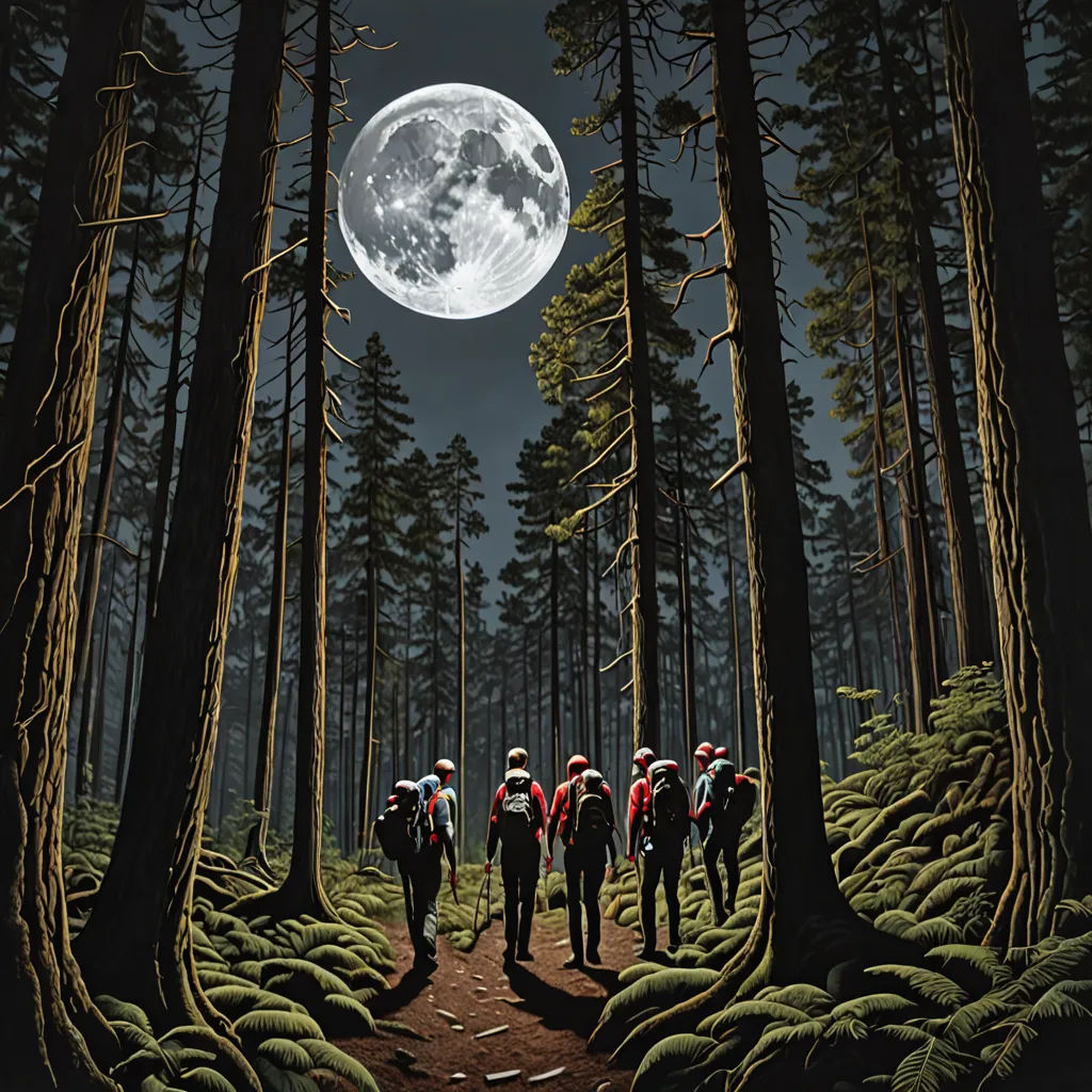 a group of people walking through a forest under a full moon filled sky with trees and ferns on the ground, David A Hardy, fantastic realism, poster art, promotional image