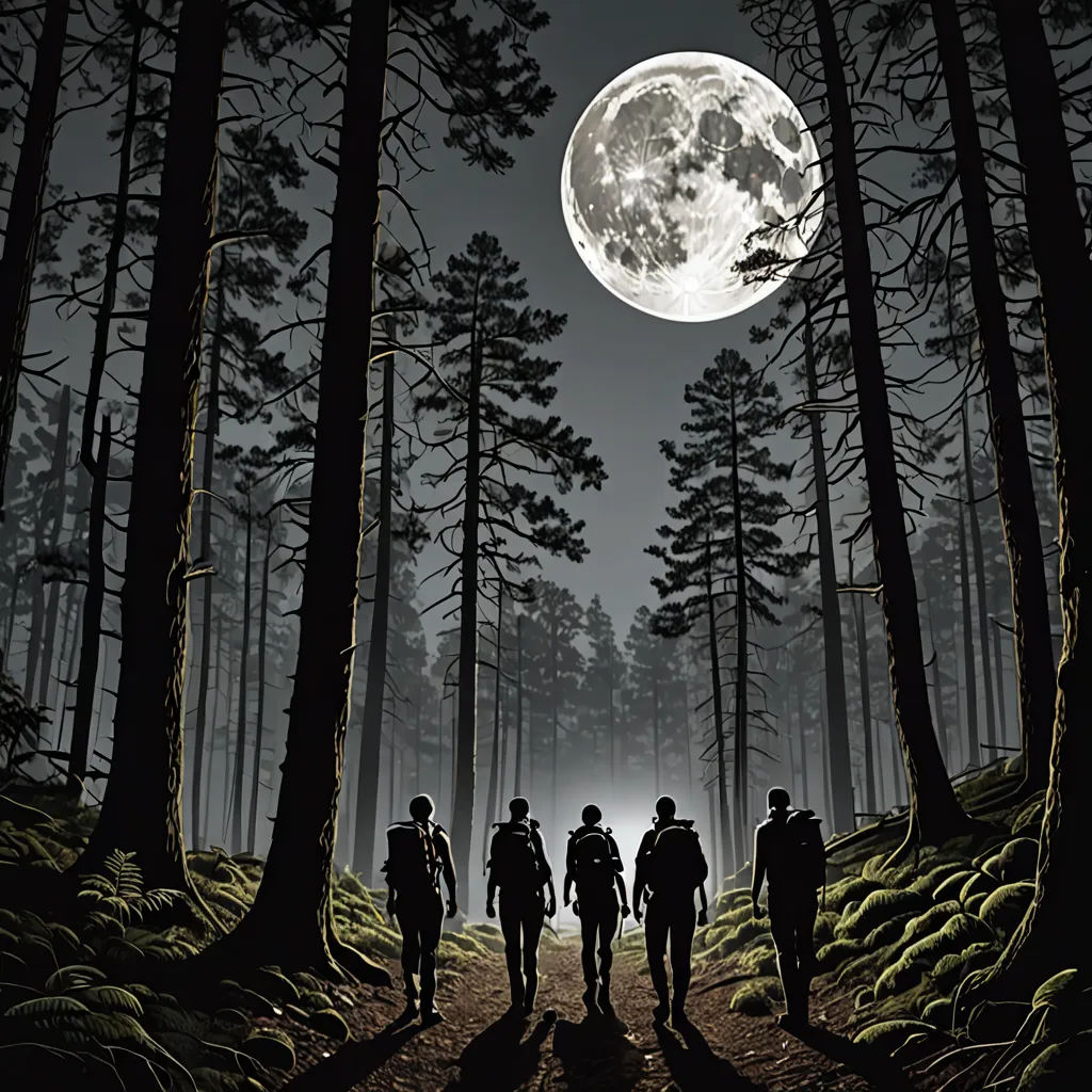 a group of people walking down a forest path under a full moon filled sky with trees and grass on either side of the path, Dan Mumford, sots art, poster art, promotional image