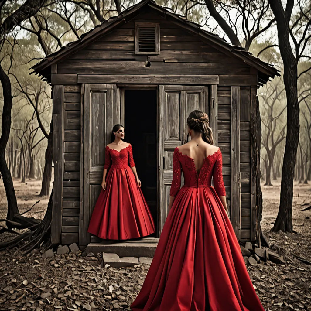 a woman in a red dress standing in front of a cabin in the woods with a door open and a woman in a red dress standing in front of a cabin, Annie Leibovitz, magical realism, a photorealistic painting, fashion photography