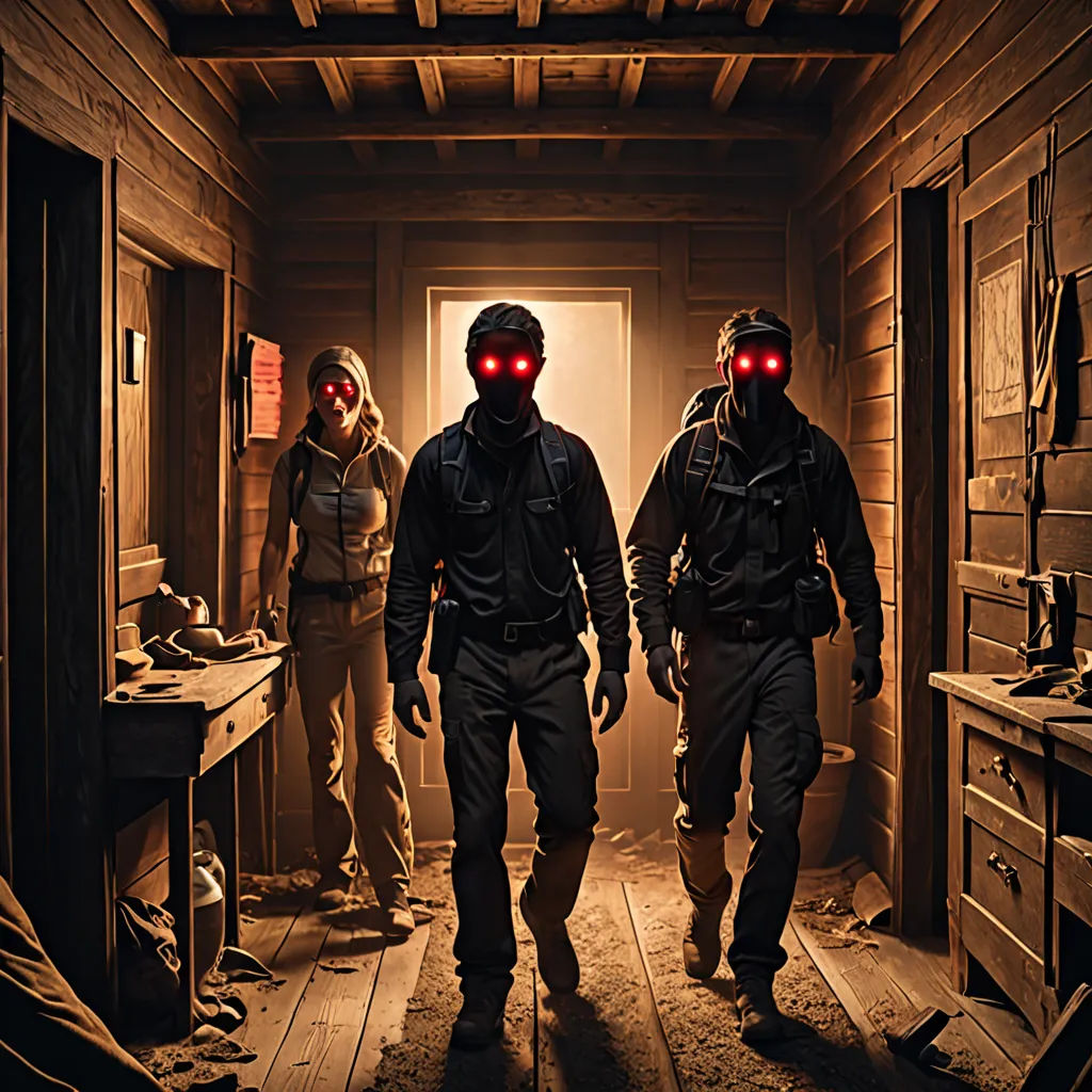 three people in a room with red glowing eyes and a desk with a computer on it and a desk with a laptop on it, Dan Mumford, serial art, concept art, promotional image