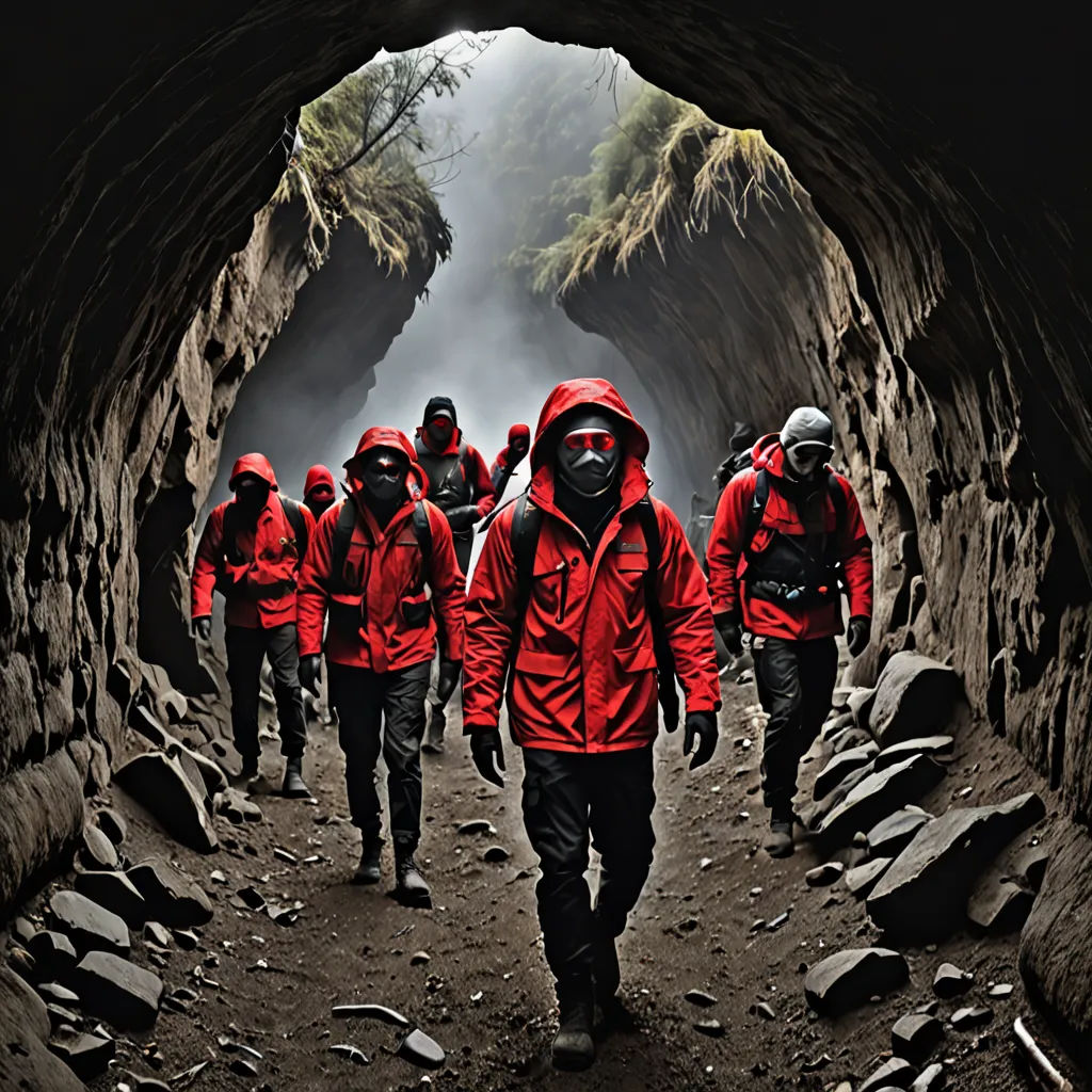 a group of people in red jackets walking through a tunnel with rocks and boulders on either side of them, Diego Gisbert Llorens, antipodeans, an album cover, promotional image