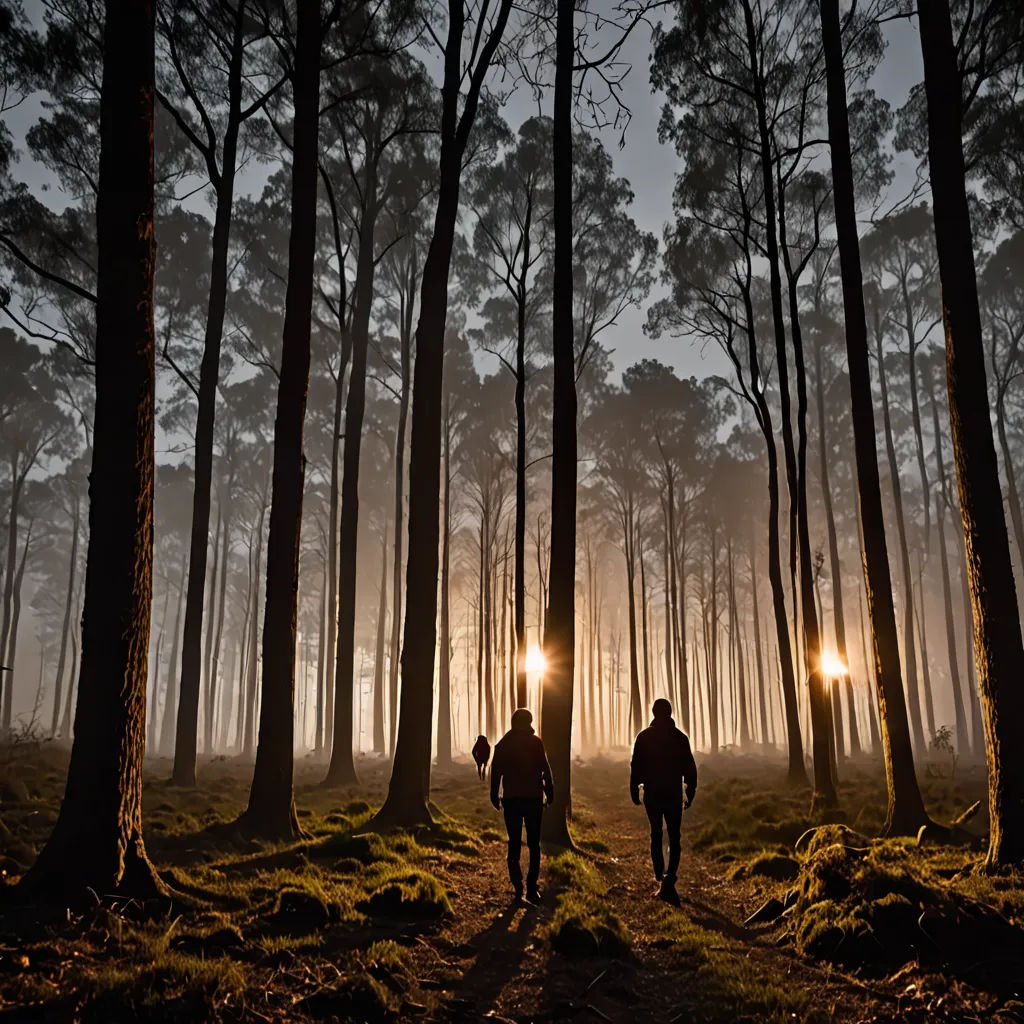 two people walking through a forest at night with the sun shining through the trees and the ground covered in grass, Daniel Lieske, german romanticism, a stock photo, award-winning photograph