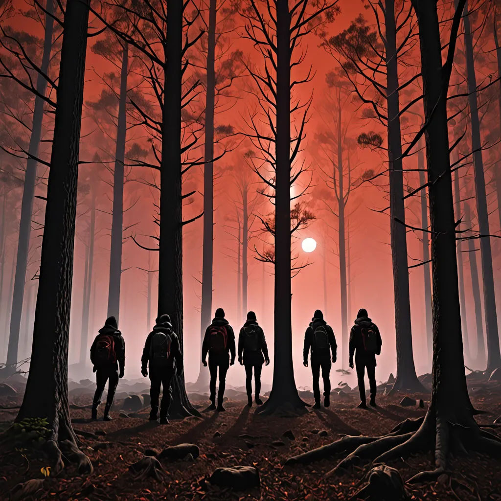 a group of people walking through a forest at sunset or sunset time with the sun setting in the distance, Filip Hodas, antipodeans, poster art, promotional image