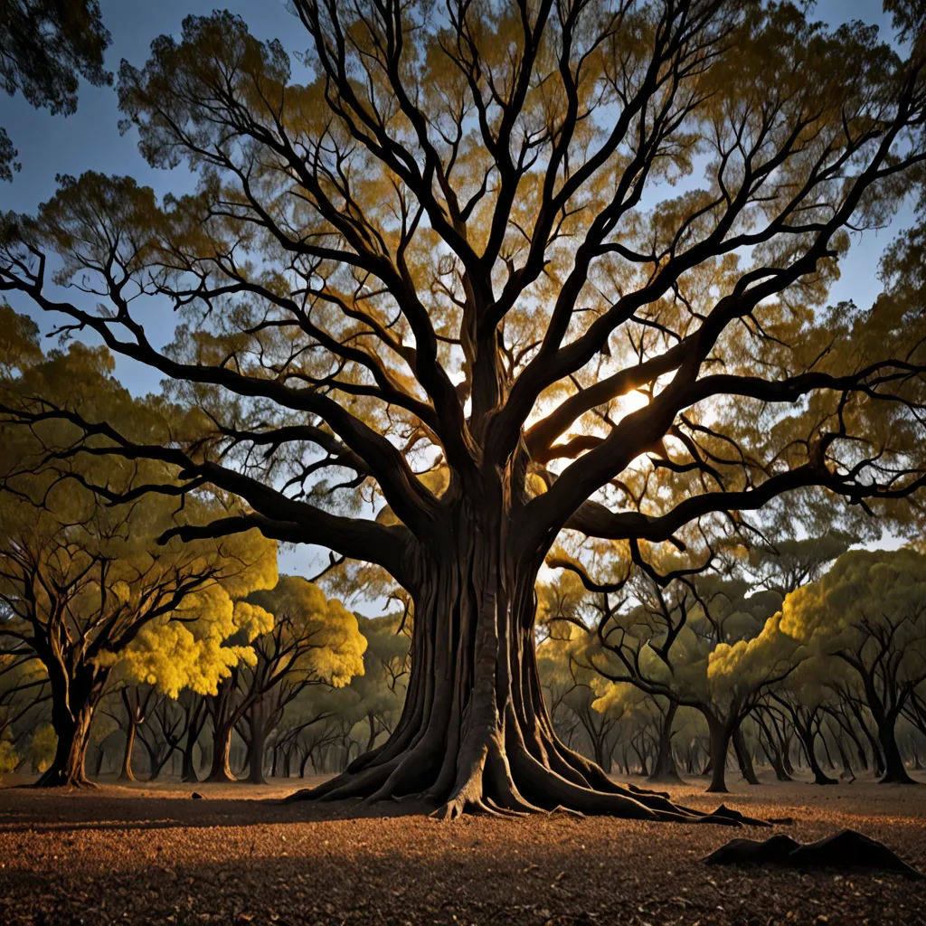 a large tree with a lot of leaves on it's branches and a sun shining through the leaves, David Martin, naturalism, a photo, trees