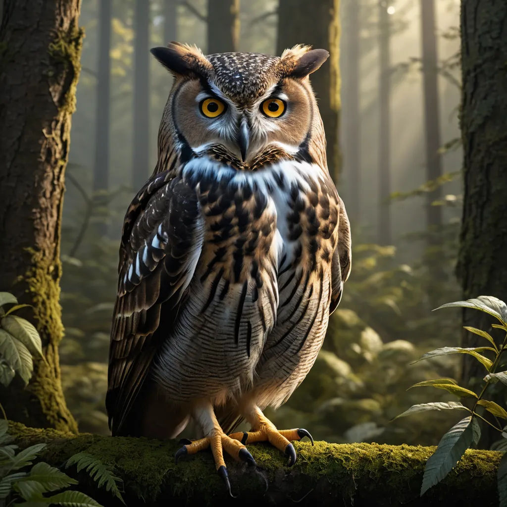 a large owl standing on a tree branch in a forest with sunlight streaming through the trees and leaves on the ground, naturalism, a photorealistic painting, Arie Smit, animal photography