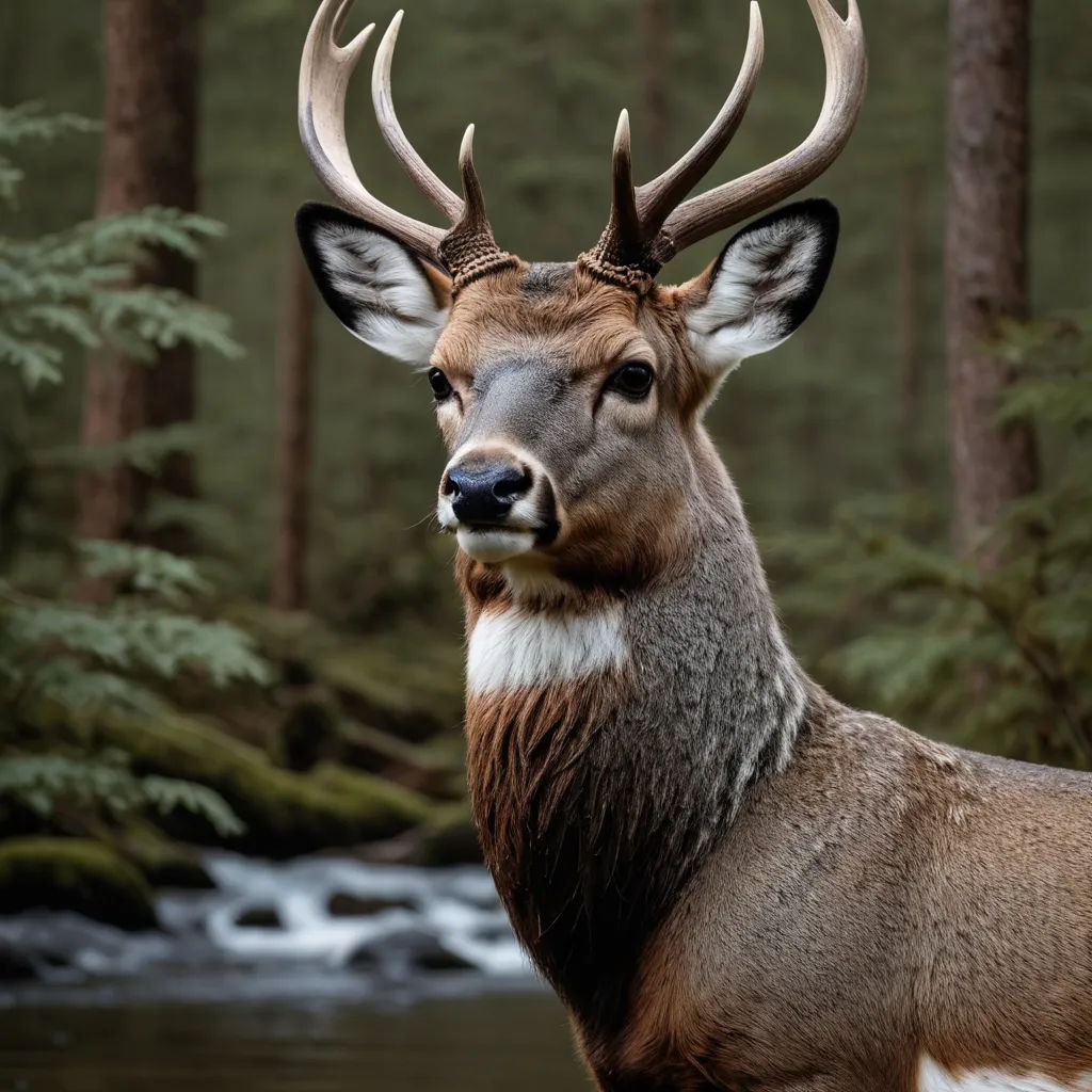 a deer with antlers standing in front of a river and trees in the background with a stream running through it, naturalism, a stock photo, Darrell Riche, animal photography