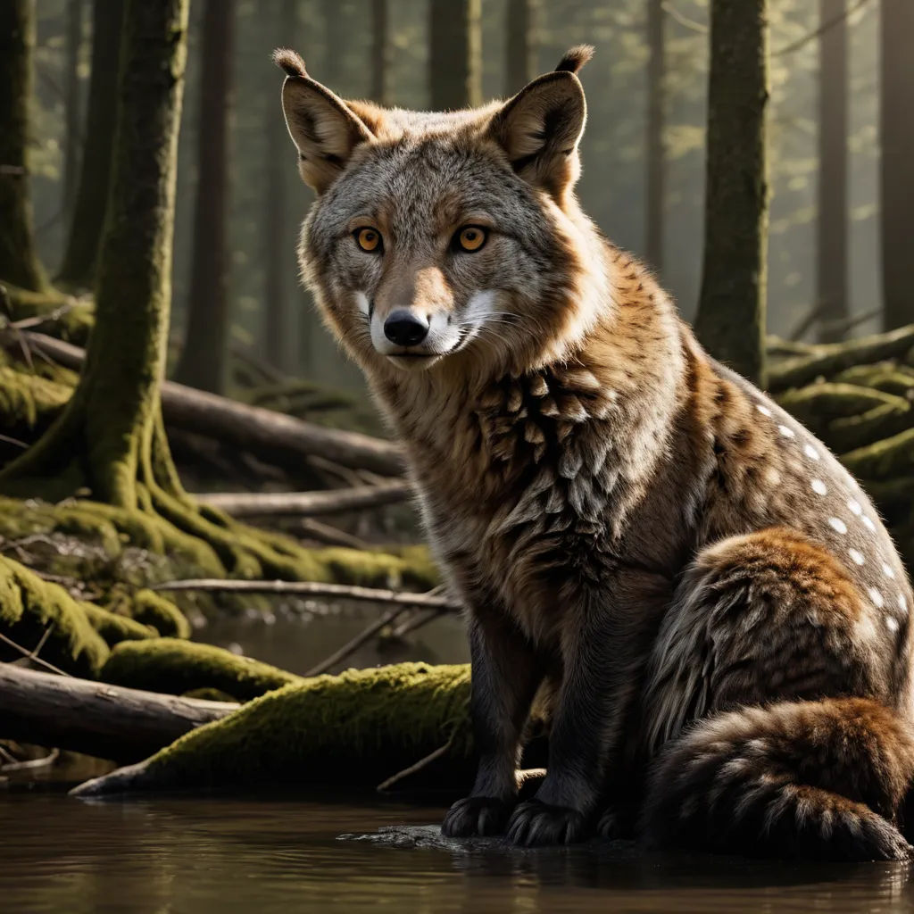 a fox sitting in the water in a forest with moss and trees in the background and a sunbeam, photorealism, a digital rendering, Chris LaBrooy, photoreal