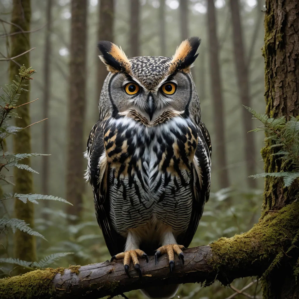 an owl is sitting on a branch in the woods with a lot of trees in the background and a lot of leaves, naturalism, a photorealistic painting, Arie Smit, wildlife photography