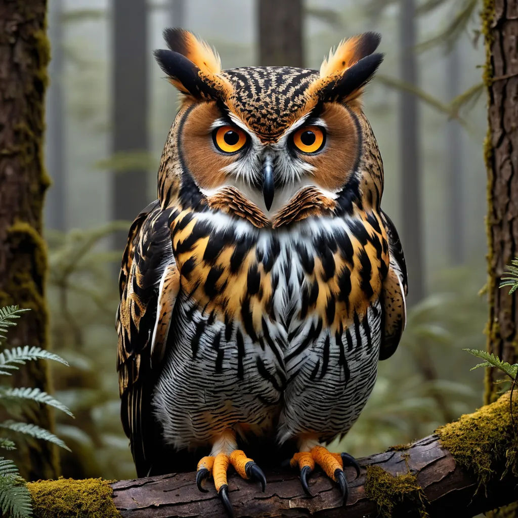 a large owl sitting on a tree branch in a forest with trees and mossy ground and fog in the background, art photography, a photorealistic painting, Bernd Fasching, animal photography