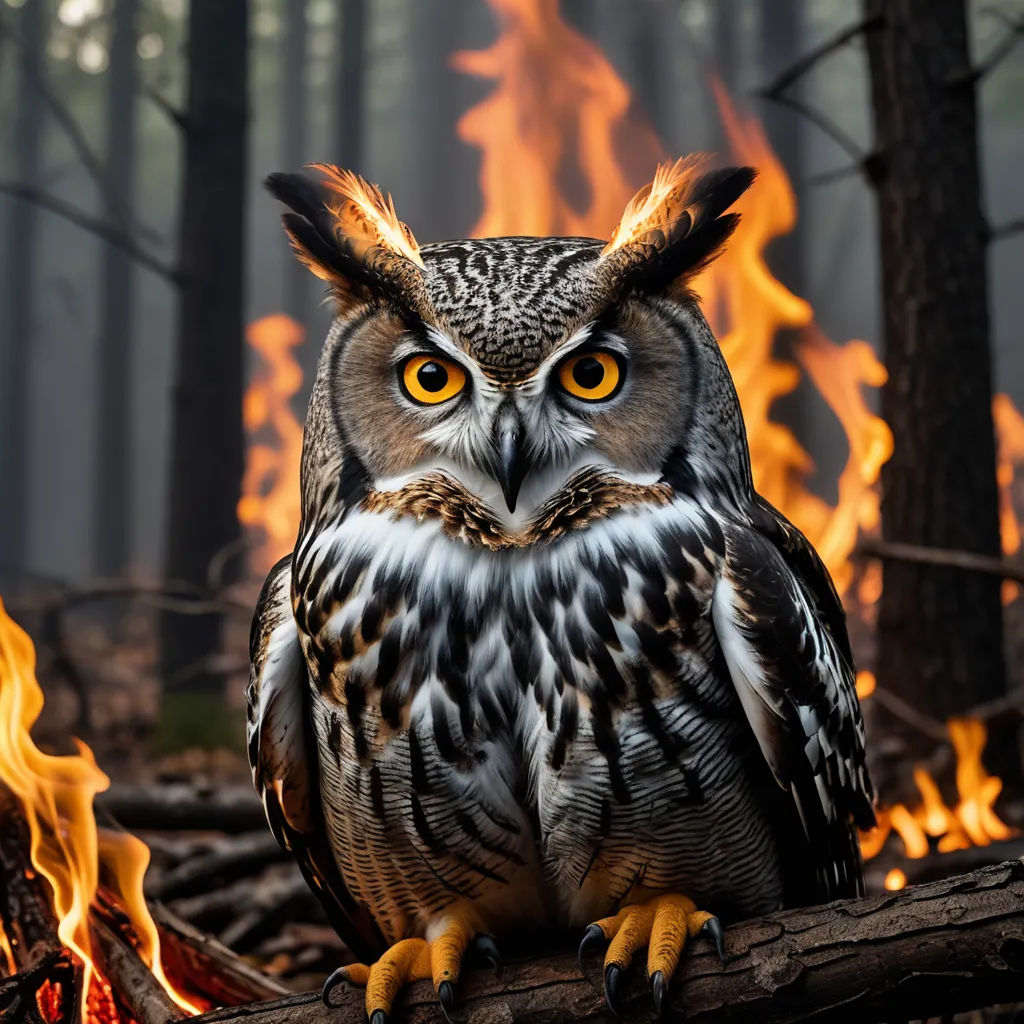 an owl sitting on a log in front of a fire filled forest with lots of trees and branches,, environmental art, a stock photo, Chris LaBrooy, fire