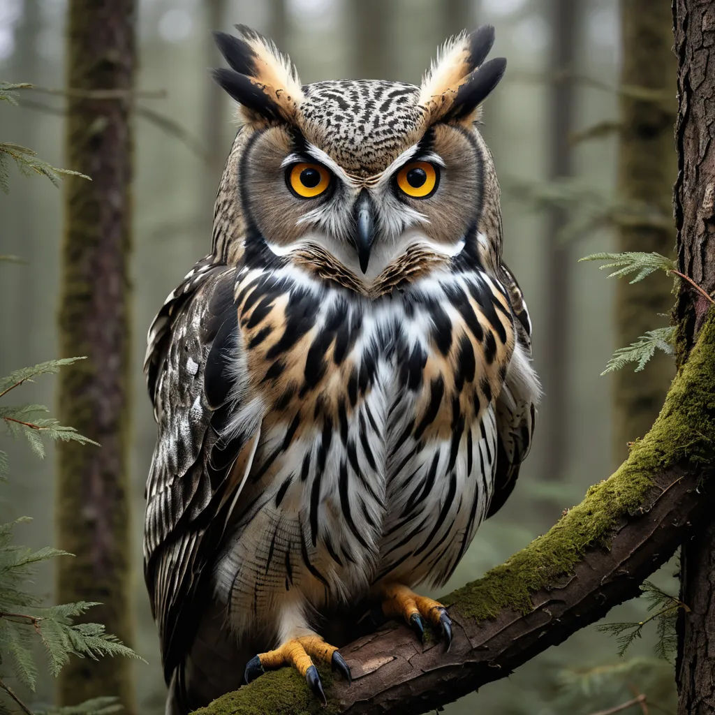 a large owl sitting on a tree branch in a forest with yellow eyes and a black and white pattern, naturalism, a photorealistic painting, Arie Smit, animal photography