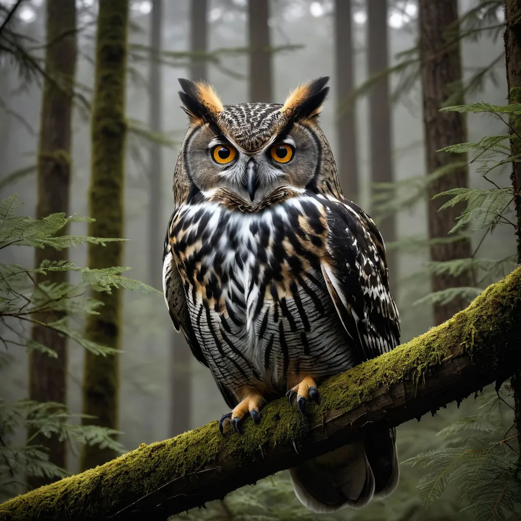 a large owl sitting on a tree branch in a forest with foggy trees in the background and a yellow - eyed owl with yellow eyes, naturalism, a photorealistic painting, Arie Smit, animal photography