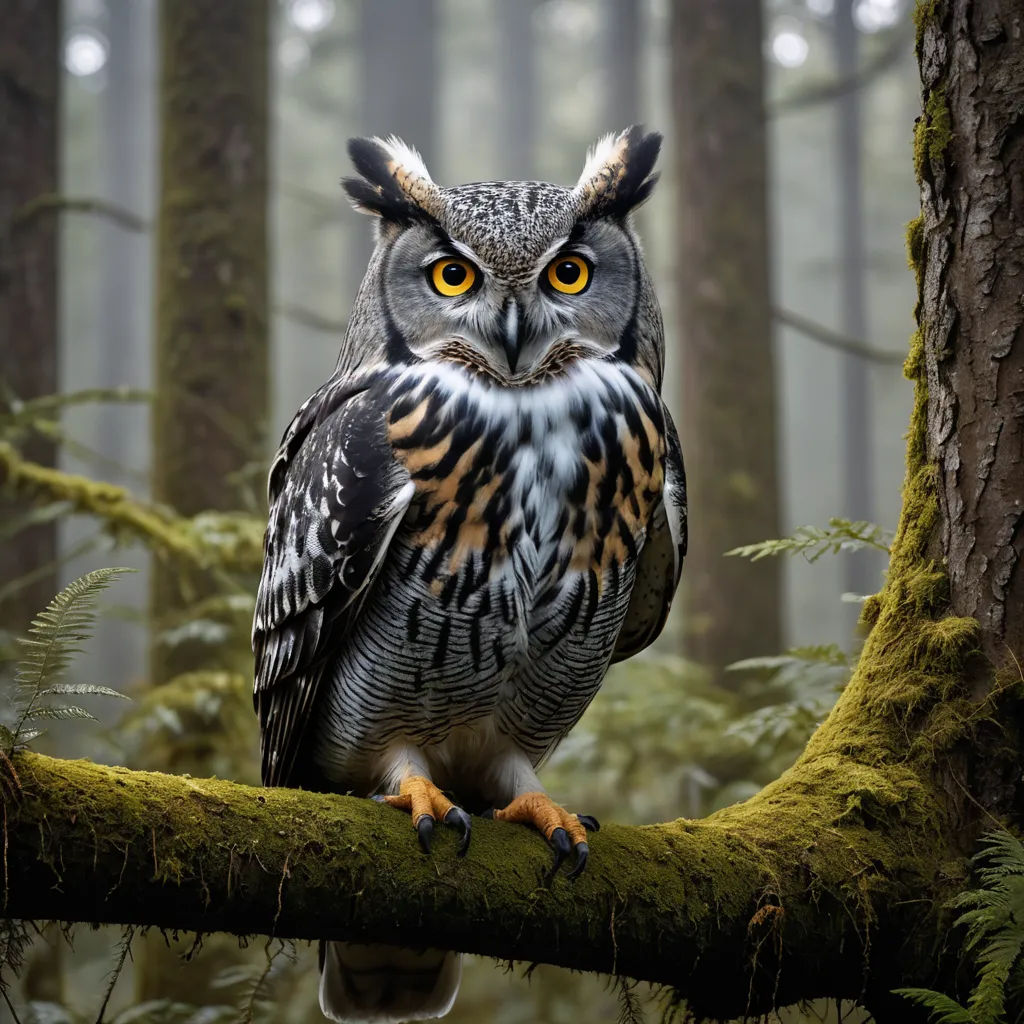 a large owl sitting on a tree branch in a forest with mossy trees and a foggy sky, naturalism, a photorealistic painting, Arie Smit, wildlife photography