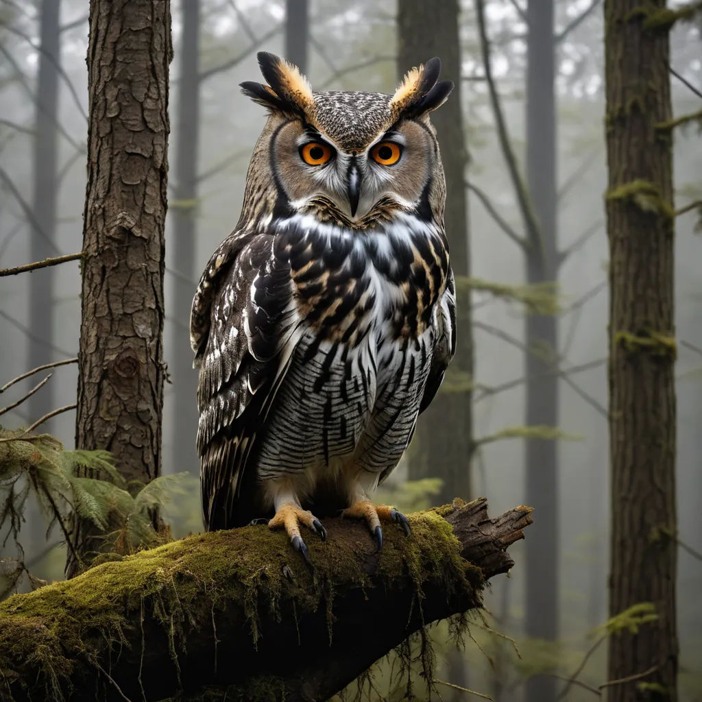 an owl is sitting on a tree branch in the woods with fog in the background and a few trees, naturalism, a photorealistic painting, Arie Smit, wildlife photography