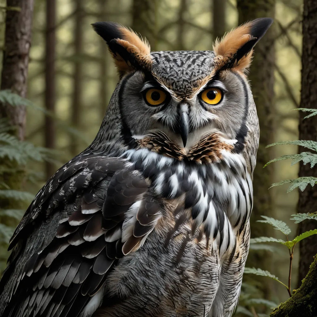 an owl with yellow eyes is standing in the woods with trees and ferns behind it, looking at the camera, naturalism, a stock photo, Bernd Fasching, animal photography