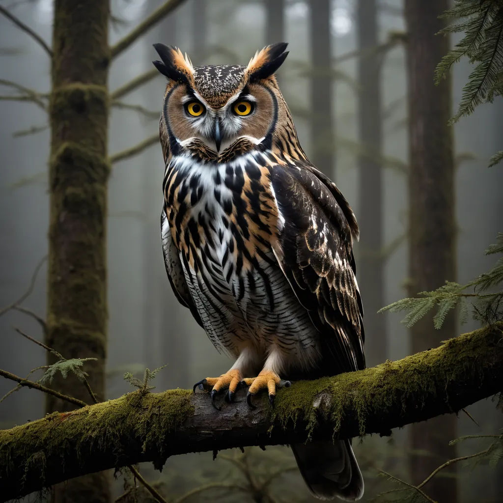 a large owl sitting on a tree branch in a forest with foggy trees in the background and a yellow - eyed owl with yellow eyes, naturalism, a photorealistic painting, Arie Smit, wildlife photography