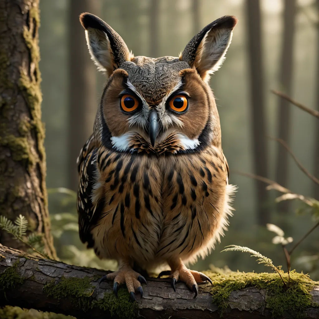 a large owl sitting on a tree branch in a forest with mossy trees and a few branches with leaves, art photography, a photorealistic painting, Arie Smit, animal photography
