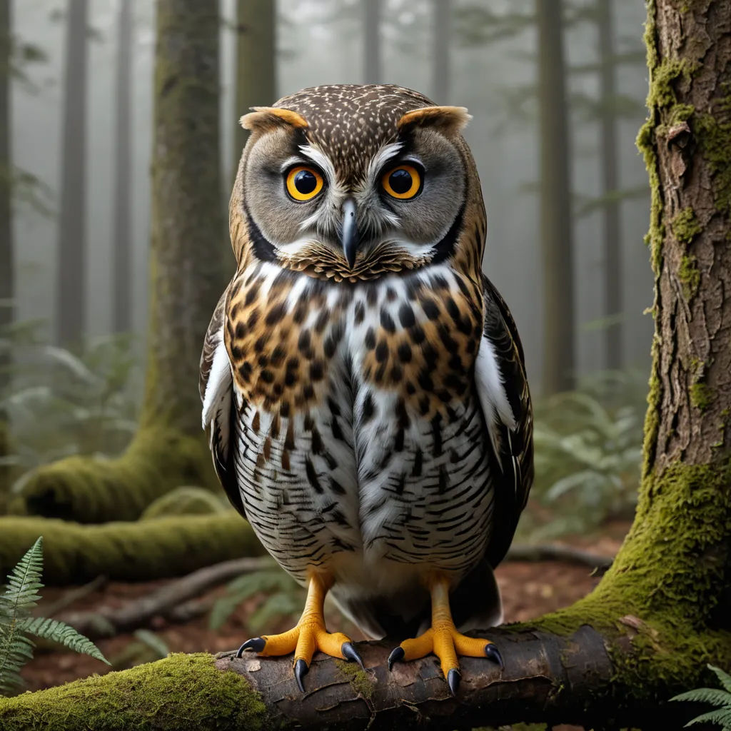 a large owl sitting on a tree branch in a forest with mossy trees and ferns in the background, photorealism, a photorealistic painting, Chris LaBrooy, animal photography