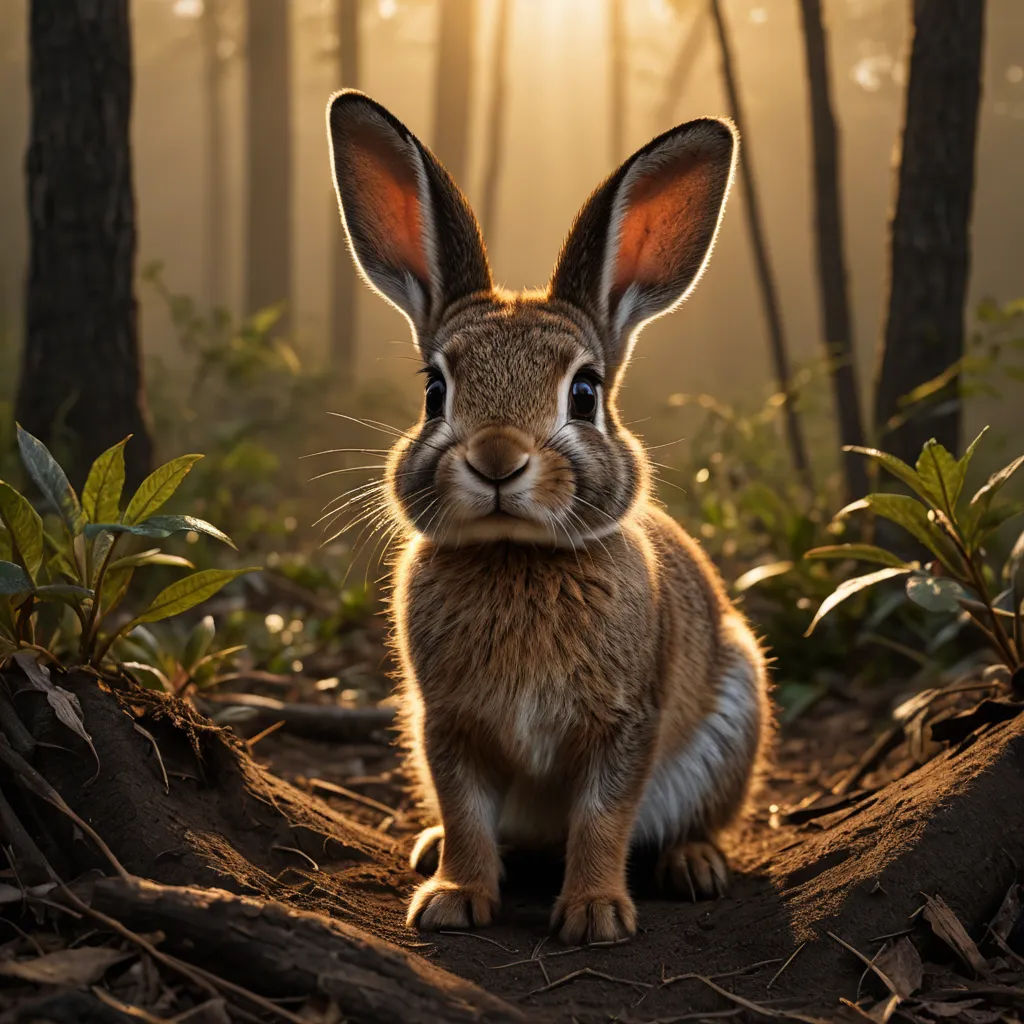 a rabbit sitting in the middle of a forest with the sun shining through the trees behind it and a forest floor with leaves, art photography, a photorealistic painting, Chris LaBrooy, animal photography