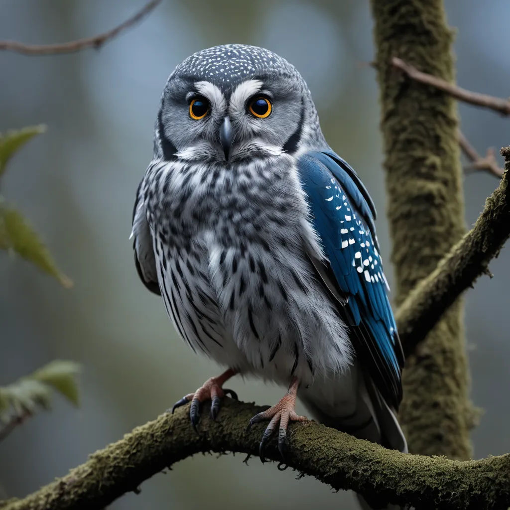 a blue and gray owl perched on a tree branch with moss growing on it's sides and eyes, art photography, a photorealistic painting, Bernd Fasching, wildlife photography