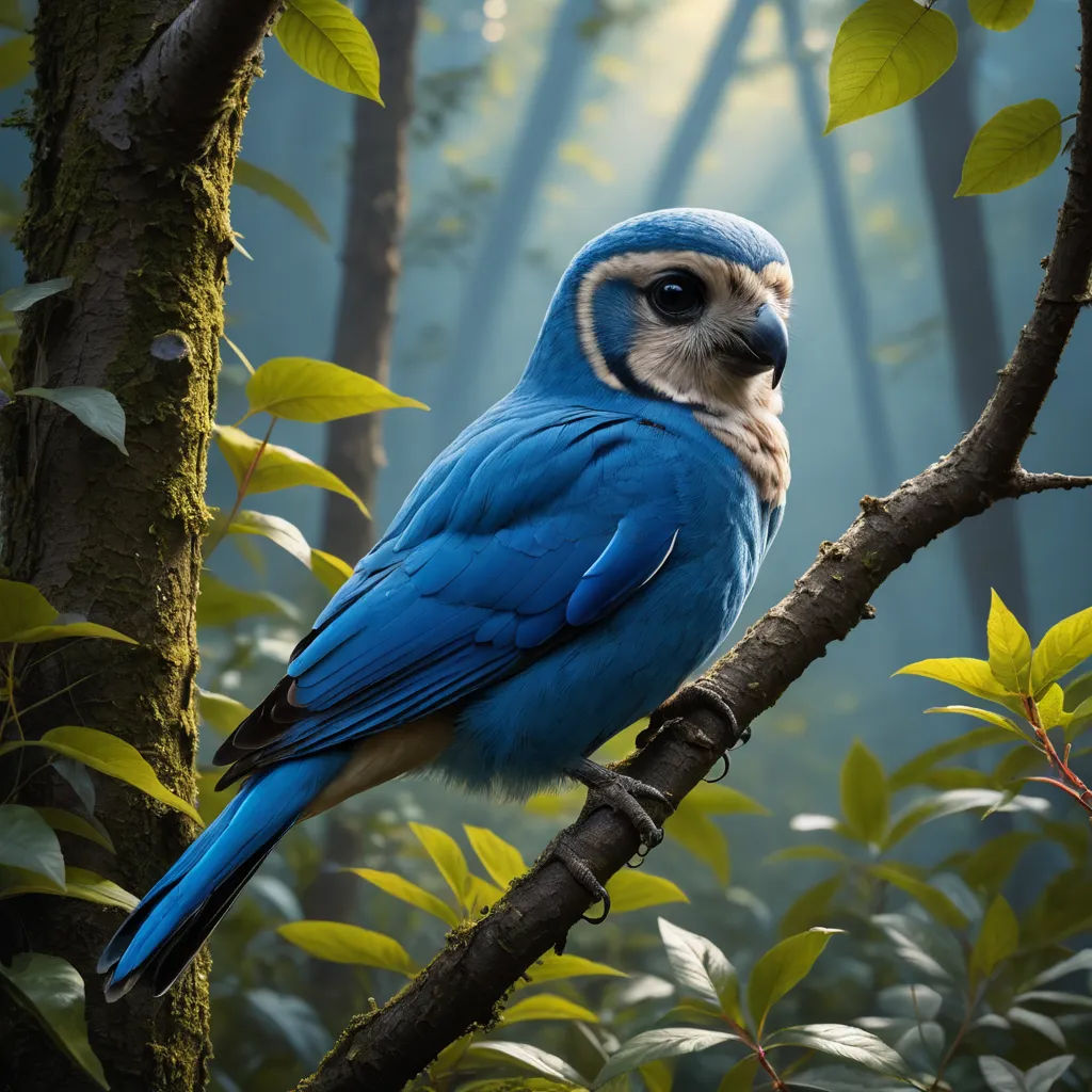 a blue bird perched on a tree branch in a forest with green leaves and a light shining through the trees, photorealism, a 3D render, Chris LaBrooy, animal photography