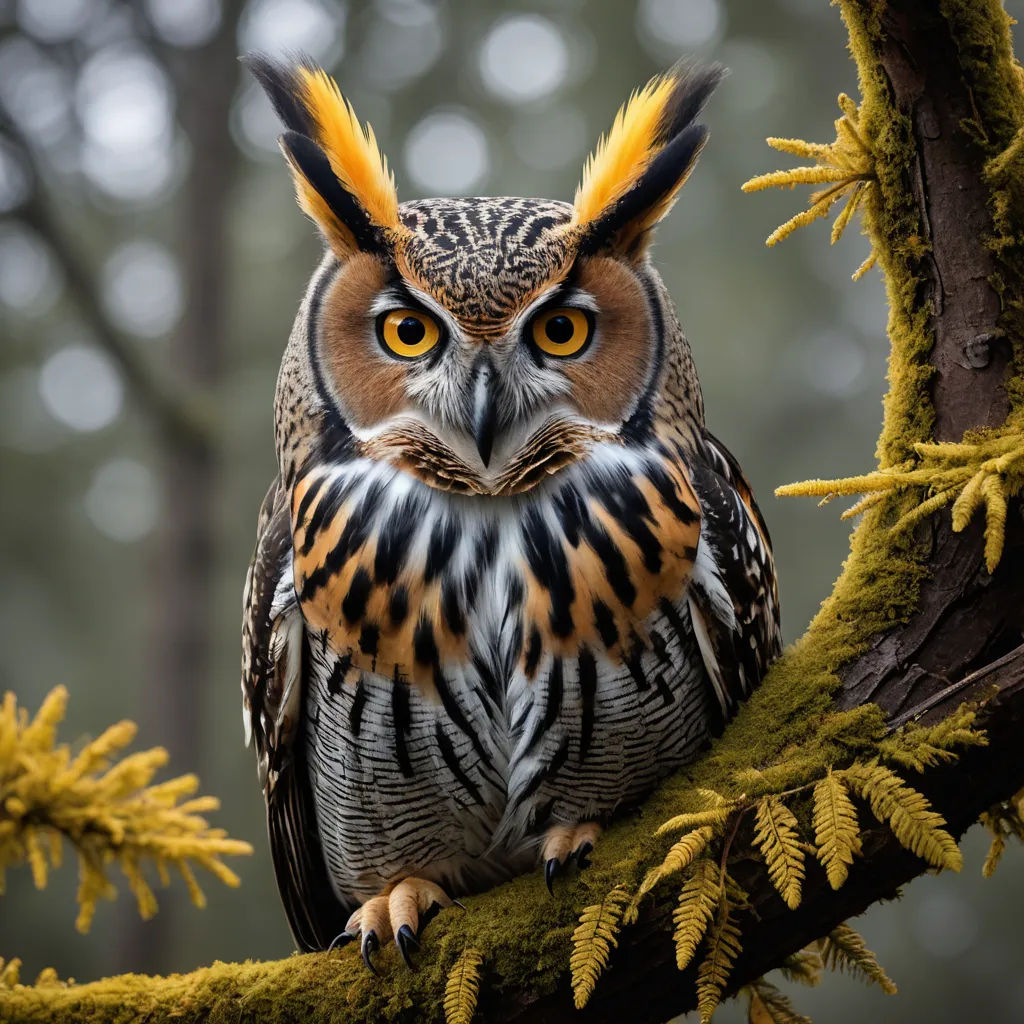 a bird with yellow eyes sitting on a branch of a tree with moss growing on it's branches, naturalism, a photorealistic painting, Bernd Fasching, wildlife photography
