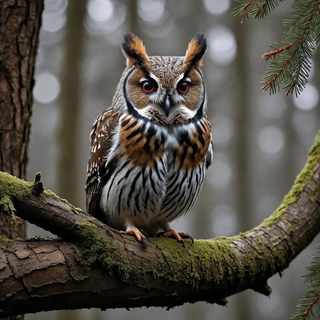 a owl sitting on a branch of a tree with a blurry background of trees and leaves in the foreground, art photography, a flemish Baroque, Arie Smit, animal photography