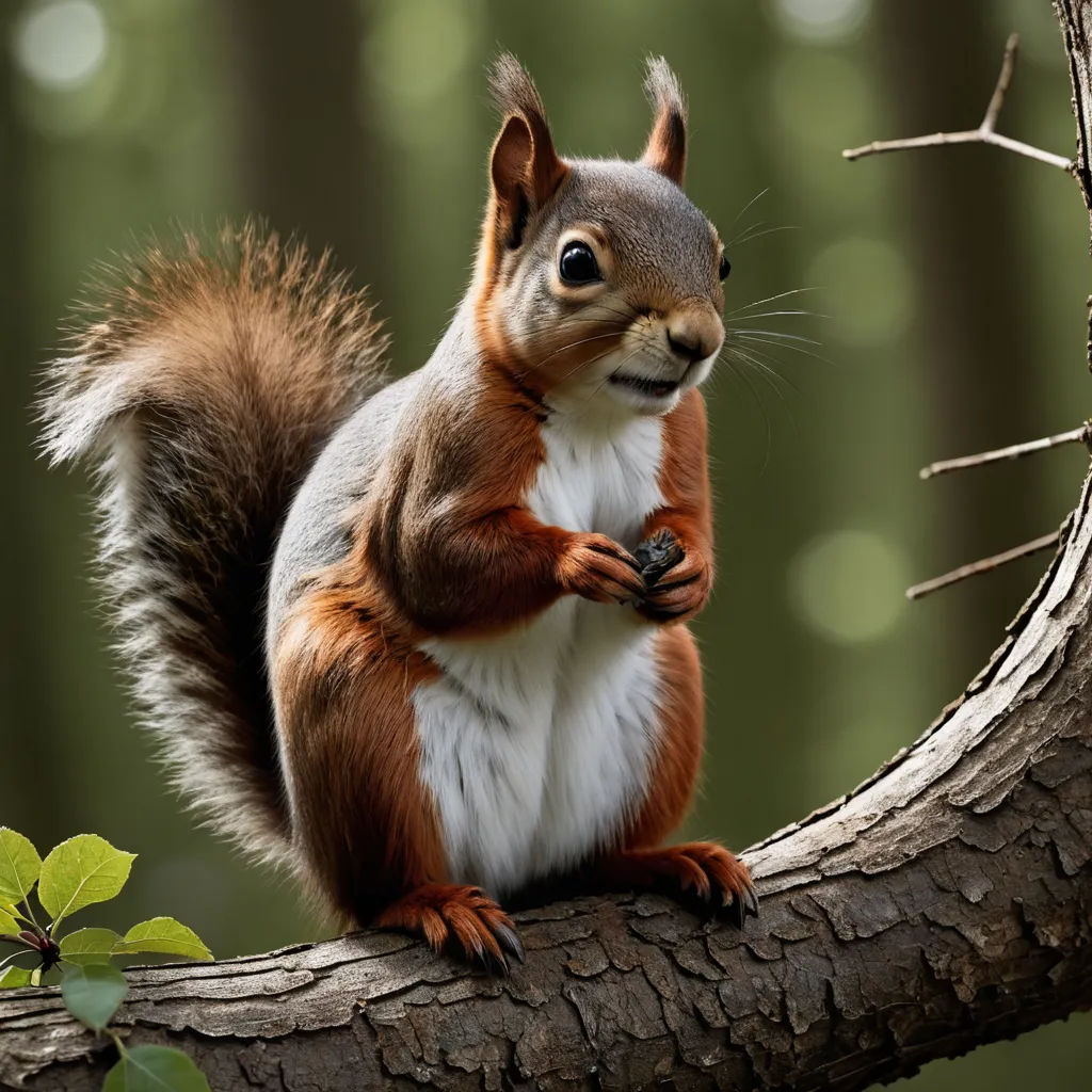 a squirrel is sitting on a tree branch and eating a nut in the forest, with a blurry background, photorealism, a 3D render, Chris LaBrooy, highly detailed digital painting