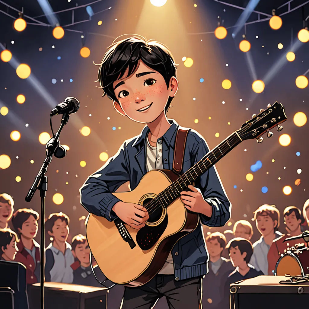 a cartoon of a boy playing a guitar in front of a microphone and a crowd of people in the background, Arthur Pan, paris school, a character portrait, official art