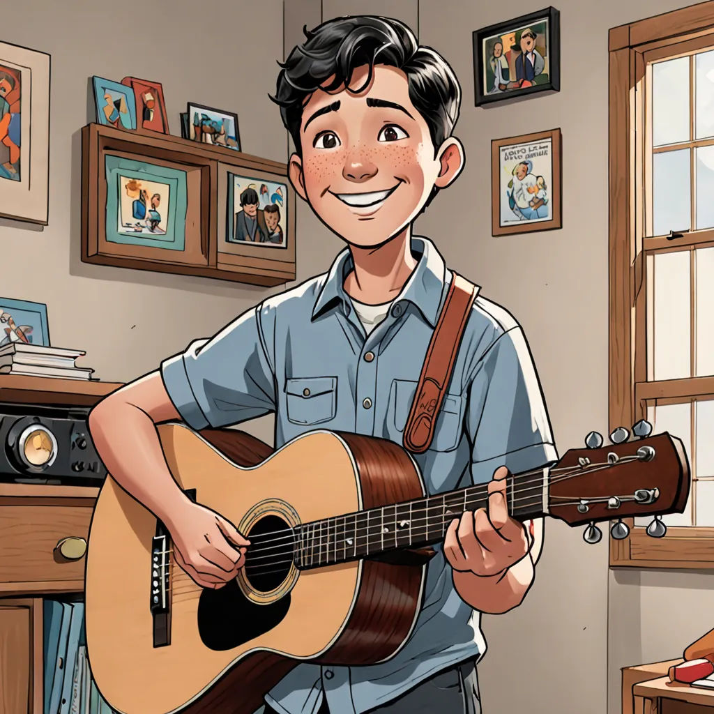 a man holding a guitar in a room with a window and a desk with a computer on it and a picture of a man holding a guitar, Everett Warner, lyco art, a comic book panel, comic cover art