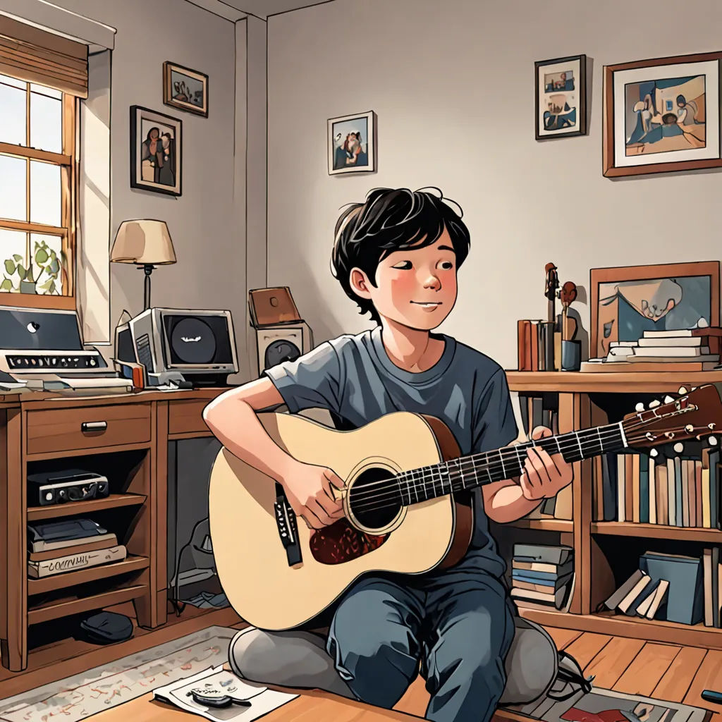 a boy sitting on the floor playing a guitar in a room with a bookcase and a computer desk, Asaf Hanuka, photorealism, a storybook illustration, yukito kishiro