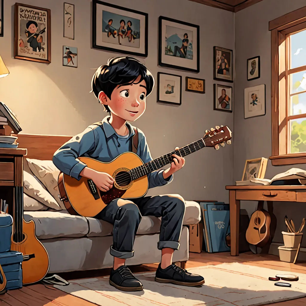a boy playing a guitar in a living room with a couch and a table with a lamp on it, Aaron Jasinski, american scene painting, a storybook illustration, official art