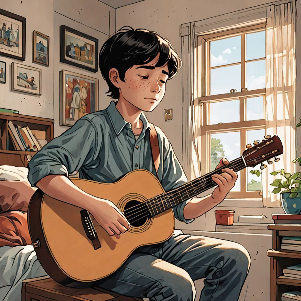 a boy sitting on a bed playing a guitar in a room with a window and a plant in the corner, Aaron Jasinski, american scene painting, a comic book panel, comic cover art
