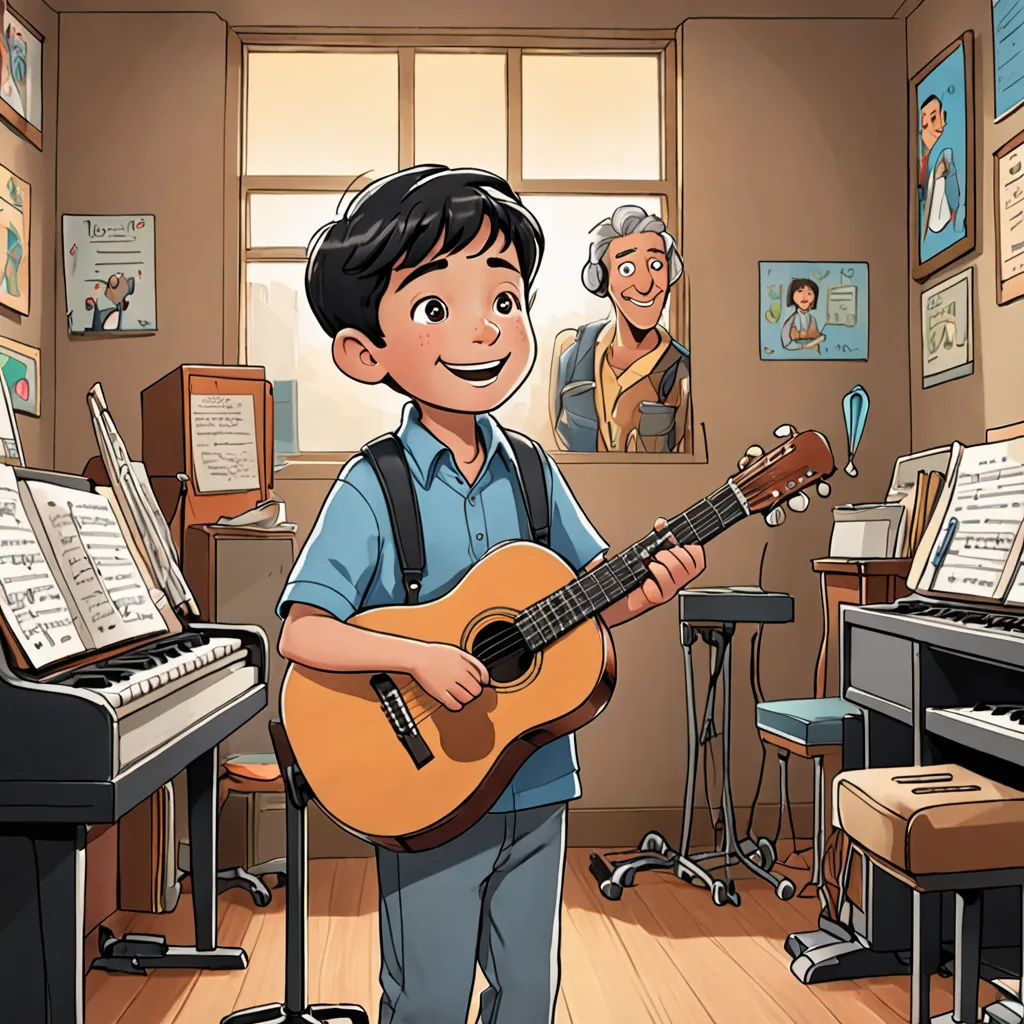 a boy playing a guitar in a room with musical instruments and a piano in the background with a man playing the piano, Diego Gisbert Llorens, paris school, a storybook illustration, official art