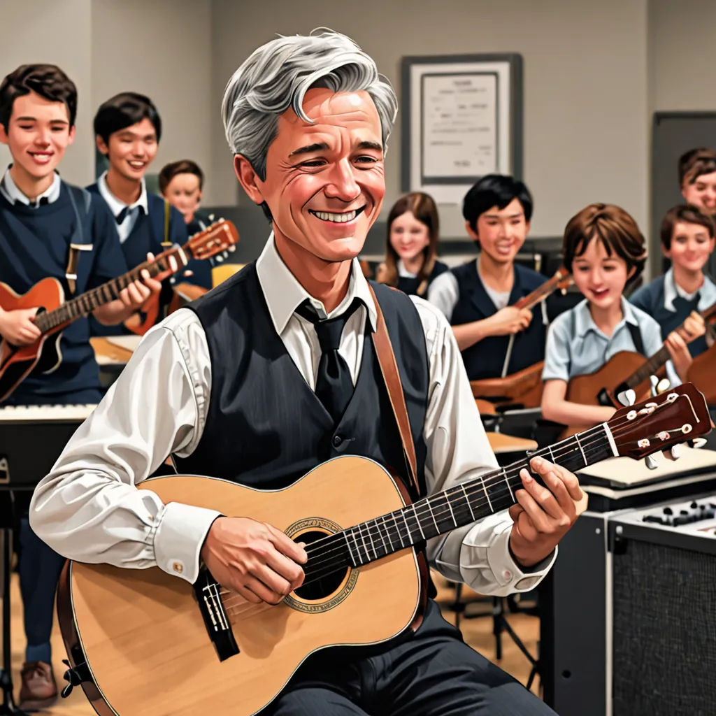 a man playing a guitar in front of a group of children in a classroom with a guitar in his lap, Fabien Charuau, paris school, a colorized photo, official art